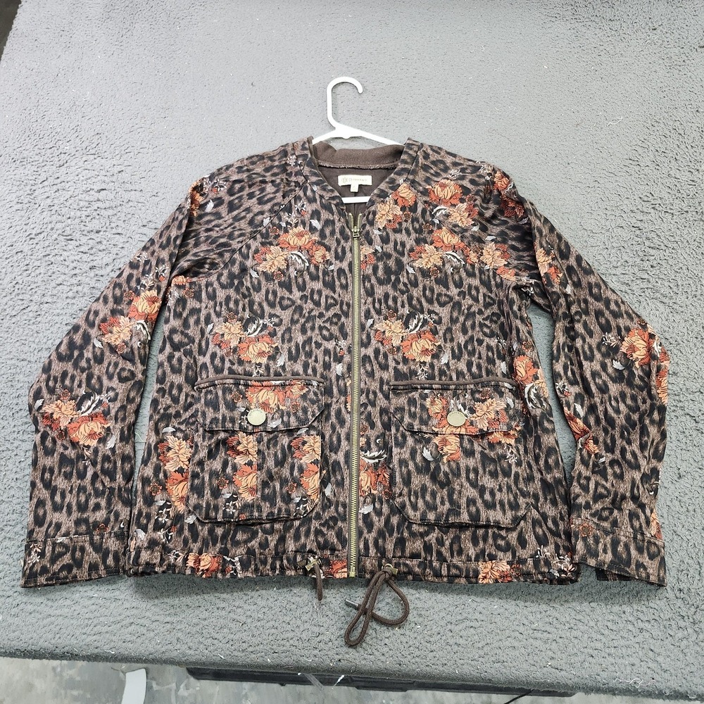 Democracy Jacket Womens Large Brown Leopard Floral Full Zip Drawstring Pockets - Picture 1 of 6